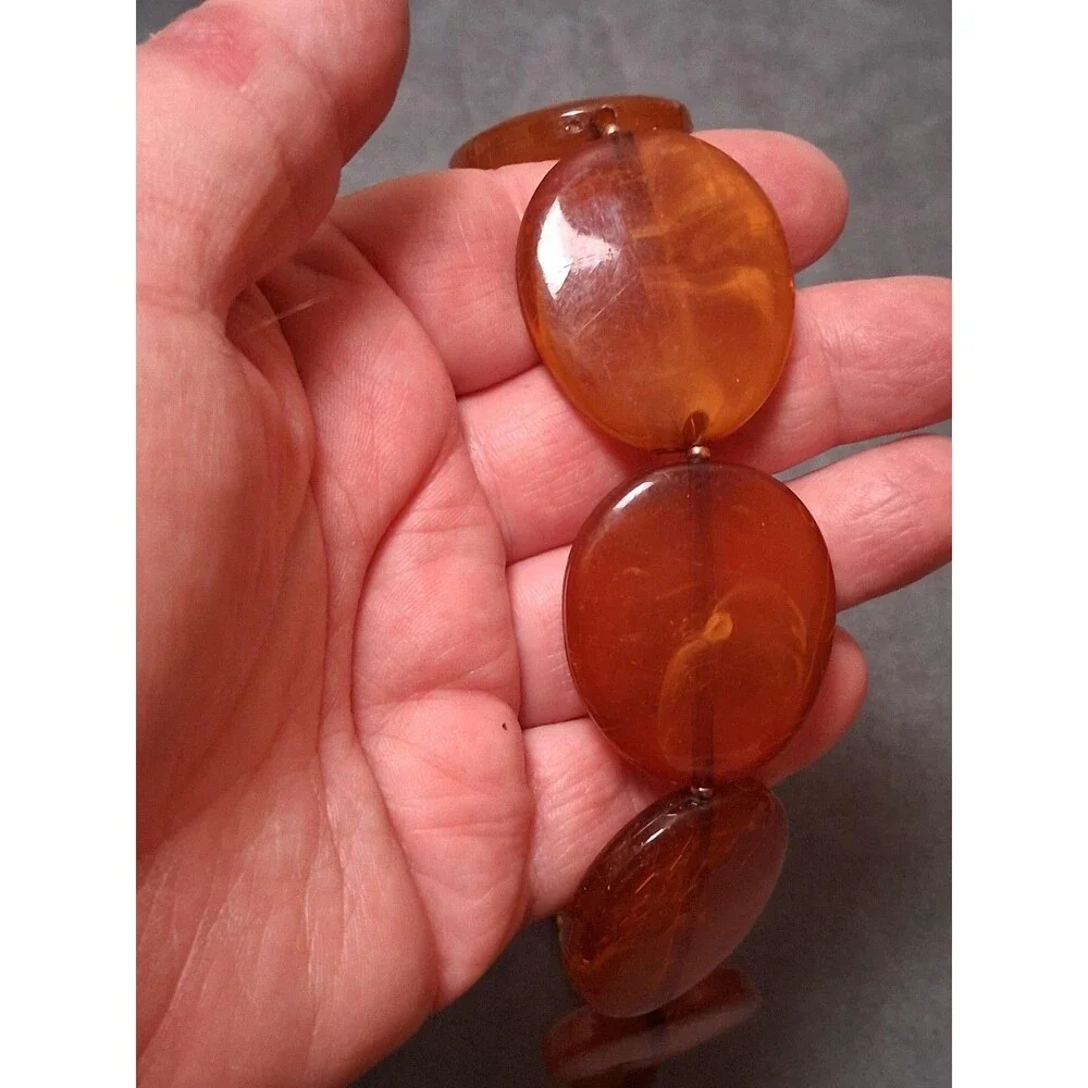 Faux Amber Plastic Disc Bead Statement Necklace Oval Chunky Beads
